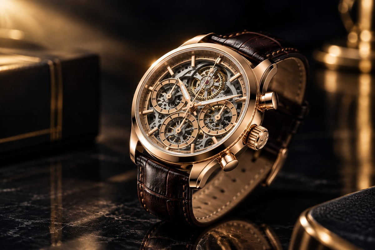 Rose Gold Skeleton Chronograph Leather Watch