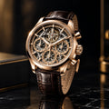 Rose Gold Skeleton Chronograph Leather Watch