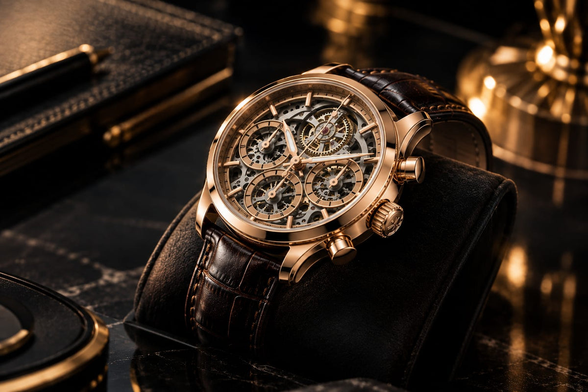Rose Gold Skeleton Chronograph Leather Watch