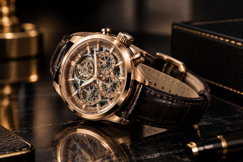 Rose Gold Skeleton Chronograph Leather Watch